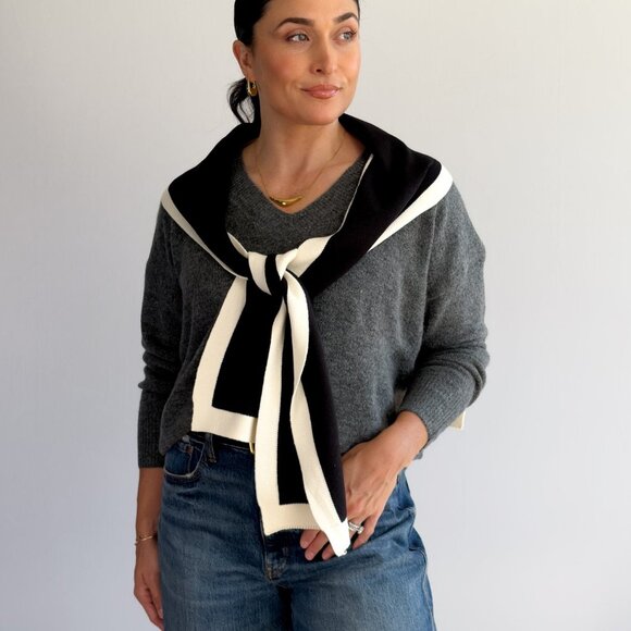 Black and Cream Knit Shoulder Wrap – Sweater Scarf Collar - Picture 1 of 10